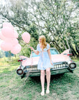 Charlotte Blue Geometric Ruffle Mini Dress with Pink Bow