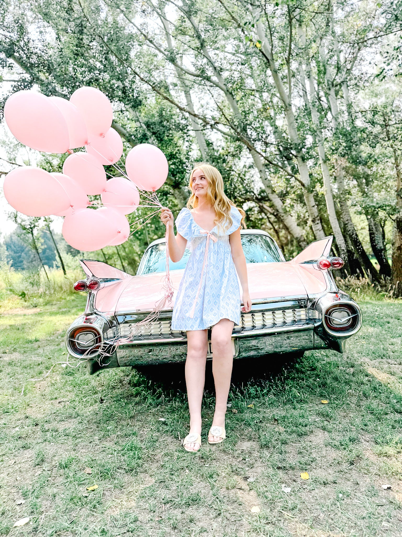 Charlotte Blue Geometric Ruffle Mini Dress with Pink Bow