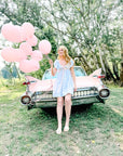 Charlotte Blue Geometric Ruffle Mini Dress with Pink Bow