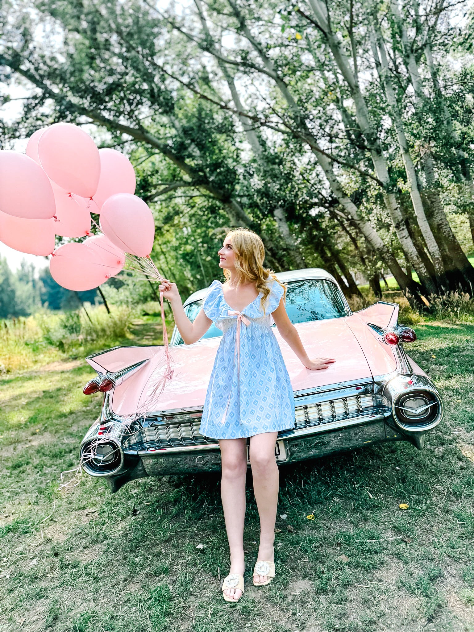 Charlotte Blue Geometric Ruffle Mini Dress with Pink Bow