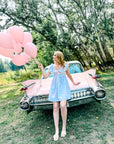 Charlotte Blue Geometric Ruffle Mini Dress with Pink Bow