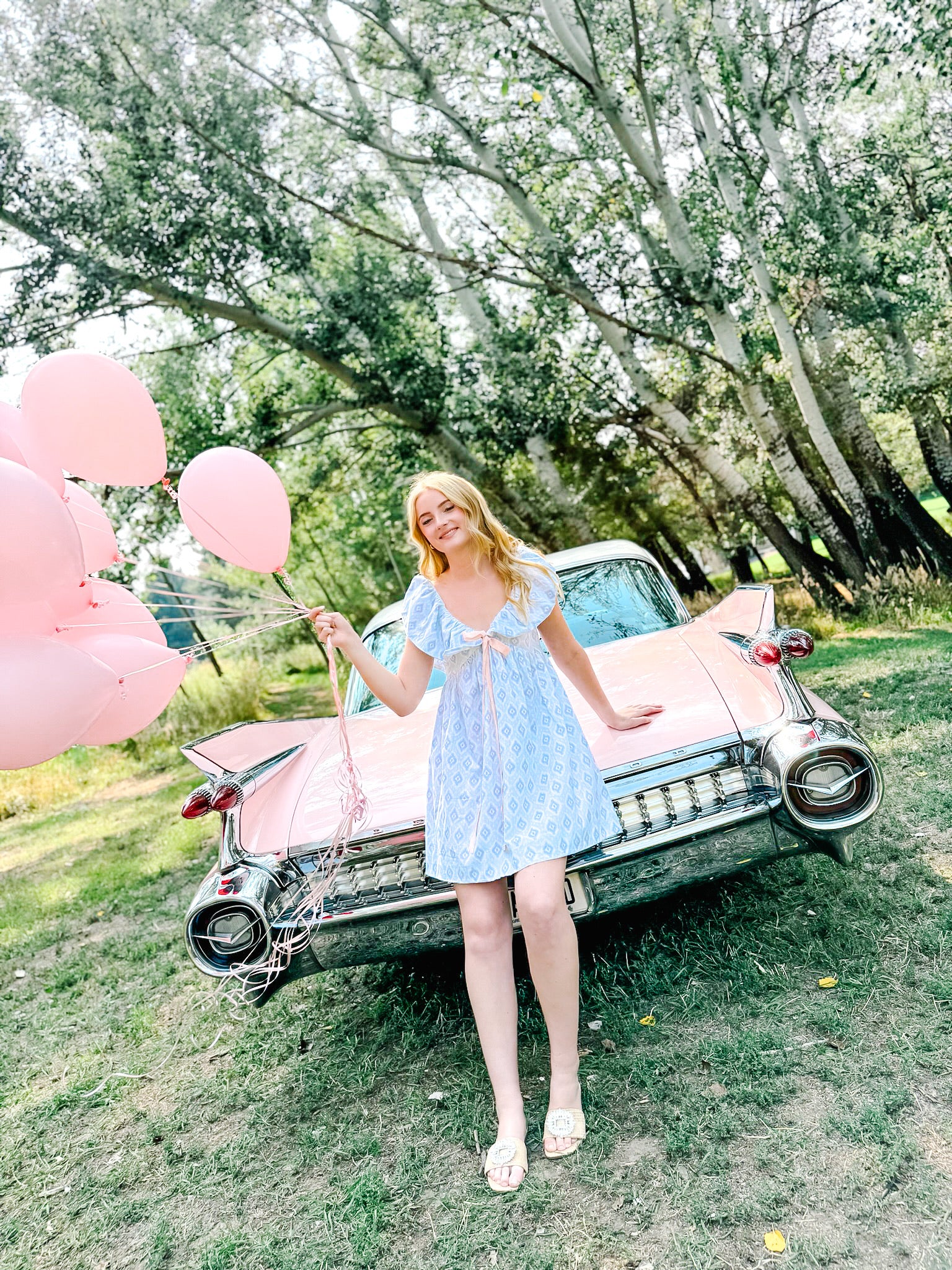 Charlotte Blue Geometric Ruffle Mini Dress with Pink Bow