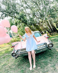 Charlotte Blue Geometric Ruffle Mini Dress with Pink Bow