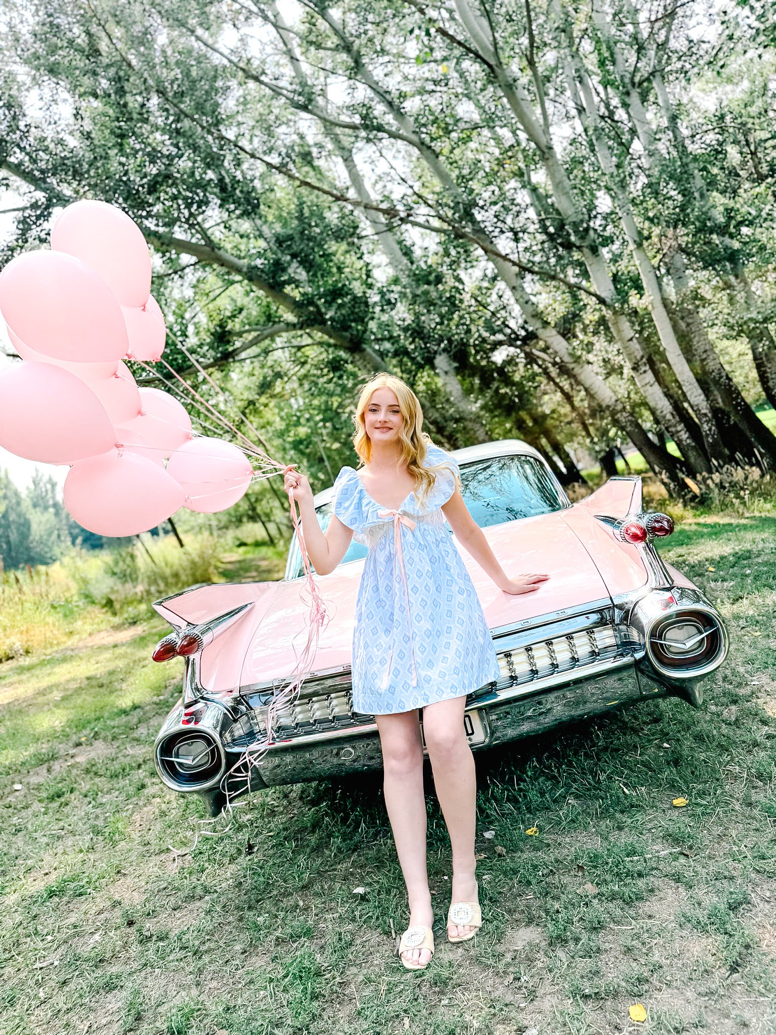 Charlotte Blue Geometric Ruffle Mini Dress with Pink Bow