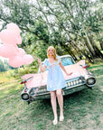 Charlotte Blue Geometric Ruffle Mini Dress with Pink Bow