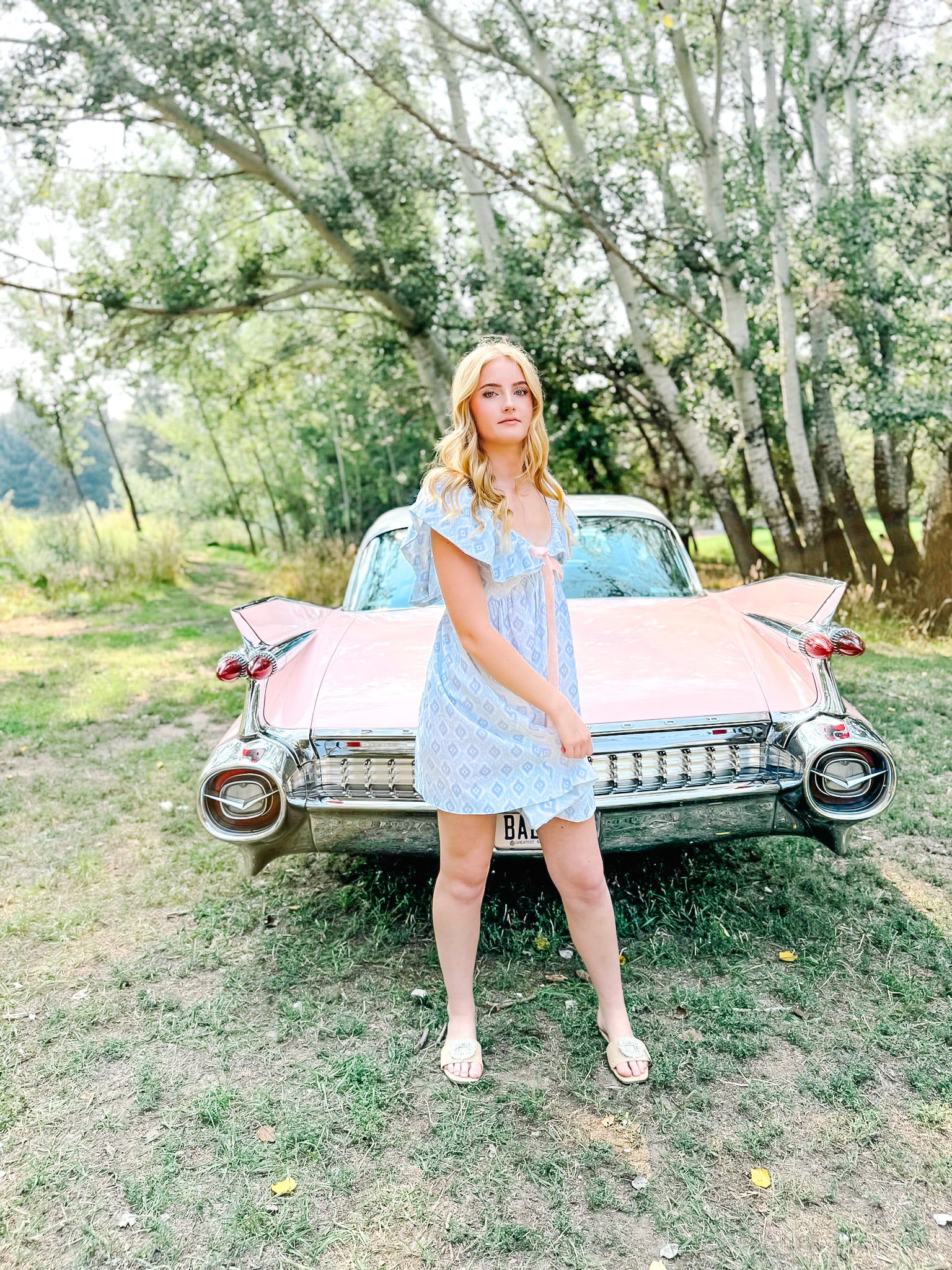 Charlotte Blue Geometric Ruffle Mini Dress with Pink Bow