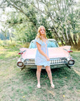 Charlotte Blue Geometric Ruffle Mini Dress with Pink Bow