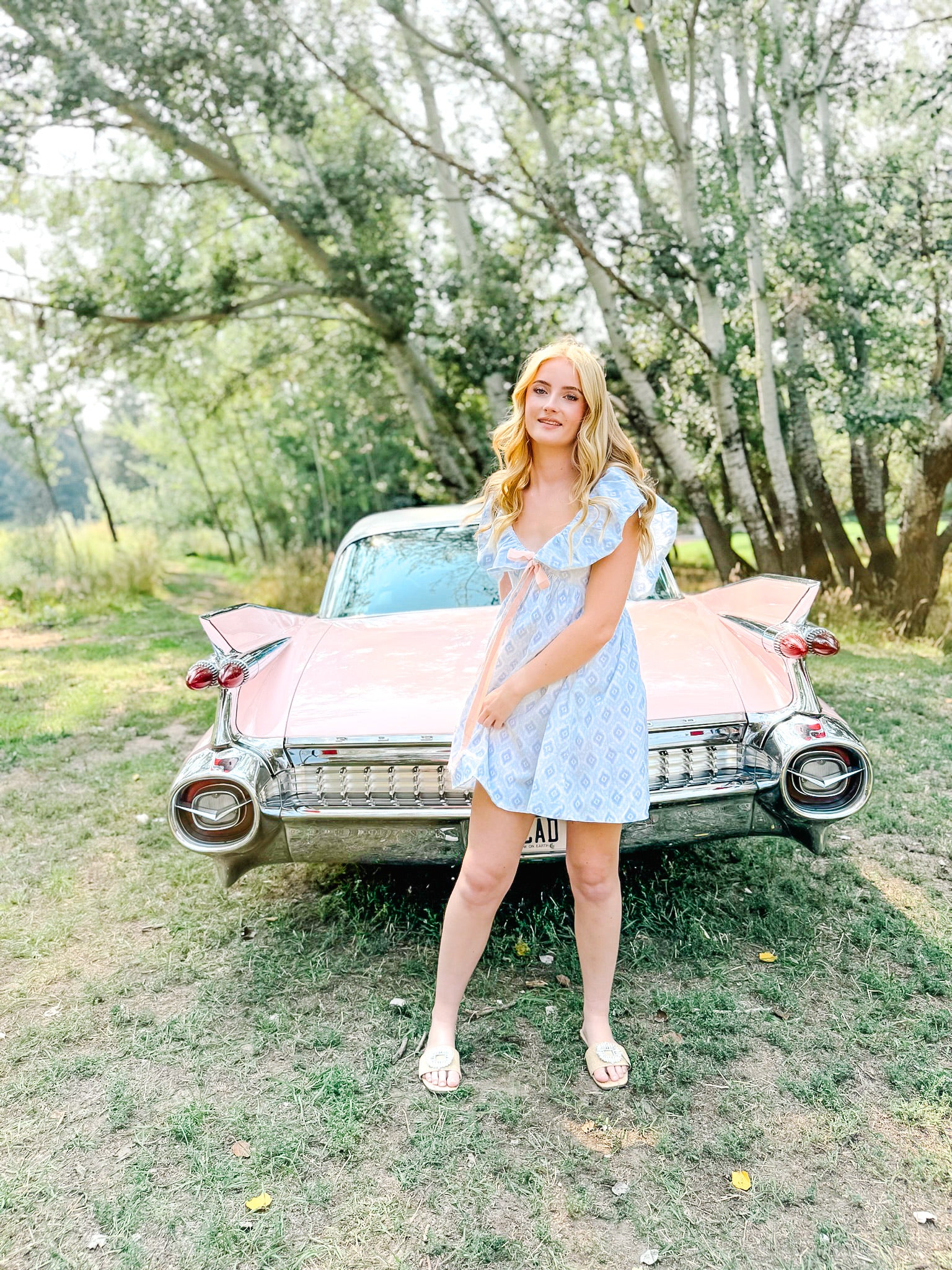 Charlotte Blue Geometric Ruffle Mini Dress with Pink Bow