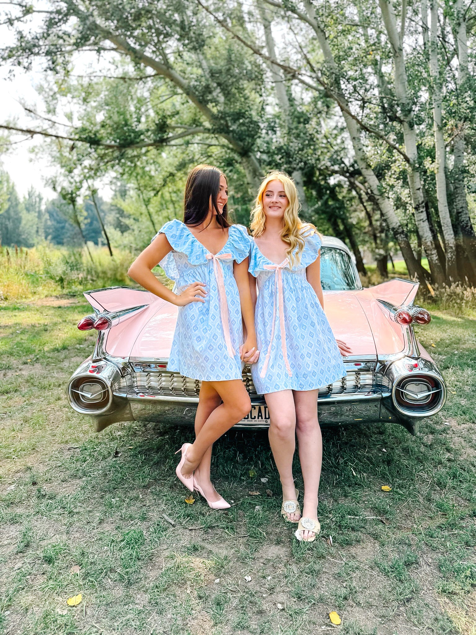 Charlotte Blue Geometric Ruffle Mini Dress with Pink Bow