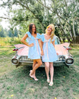 Charlotte Blue Geometric Ruffle Mini Dress with Pink Bow