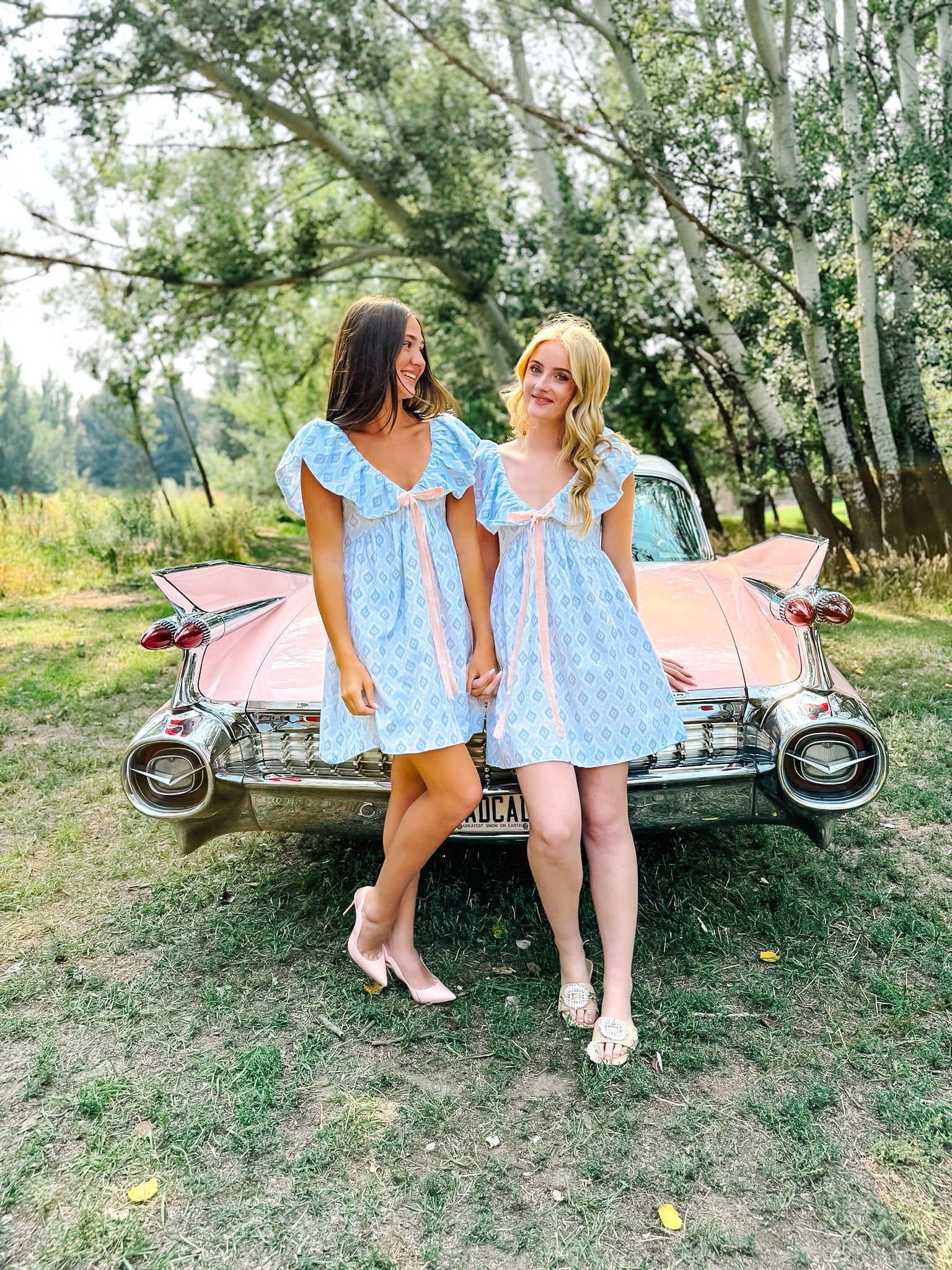 Charlotte Blue Geometric Ruffle Mini Dress with Pink Bow