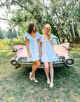 Charlotte Blue Geometric Ruffle Mini Dress with Pink Bow