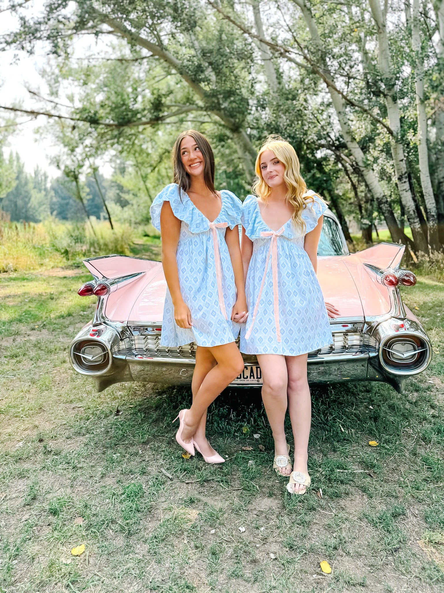Charlotte Blue Geometric Ruffle Mini Dress with Pink Bow