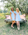Charlotte Blue Geometric Ruffle Mini Dress with Pink Bow