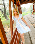 Charlotte Blue Geometric Ruffle Mini Dress with Pink Bow