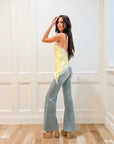 Elodie Light Yellow Satin with White Lace Trim Asymmetrical Tank