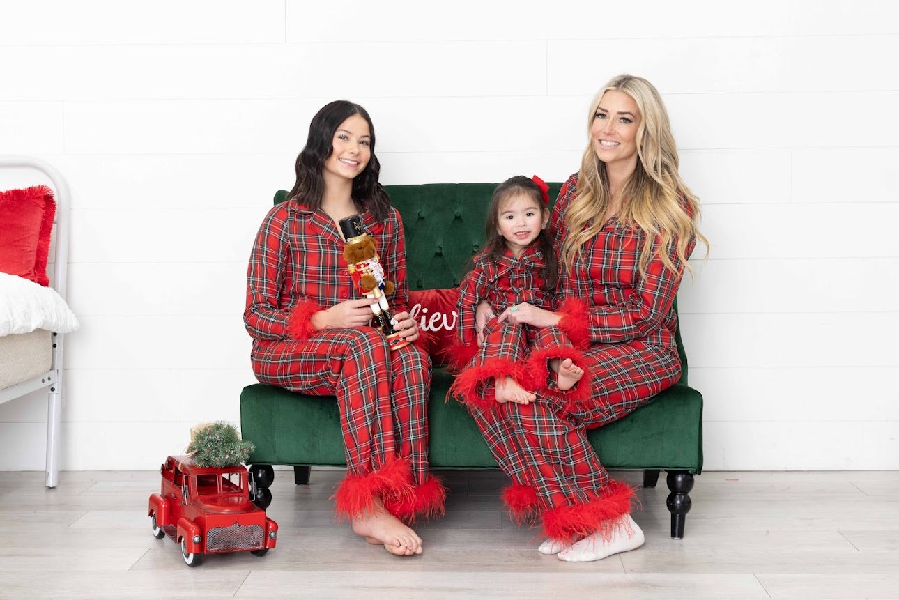 Christine Ladies Christmas Plaid Pajamas with removable Feather Trim