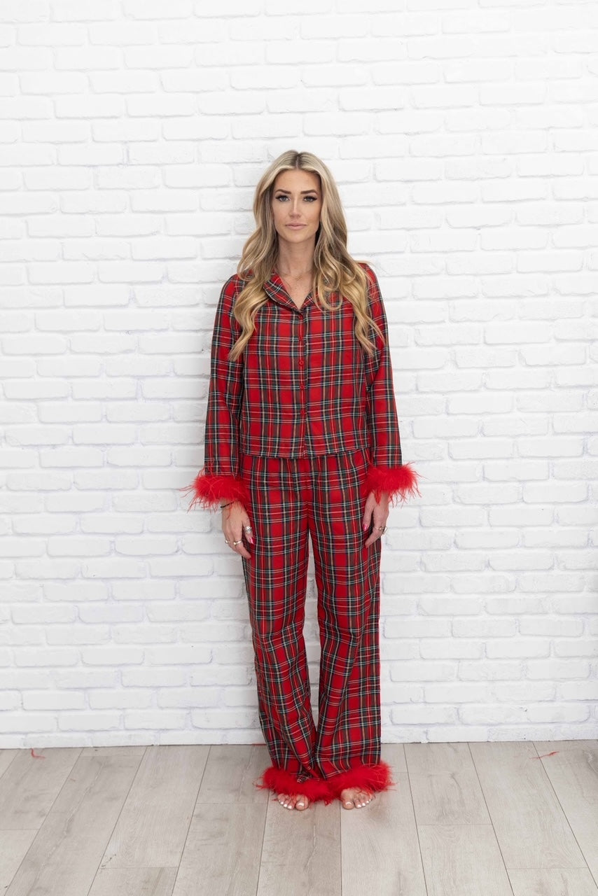 Christine Ladies Christmas Plaid Pajamas with removable Feather Trim