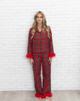 Christine Ladies Christmas Plaid Pajamas with removable Feather Trim