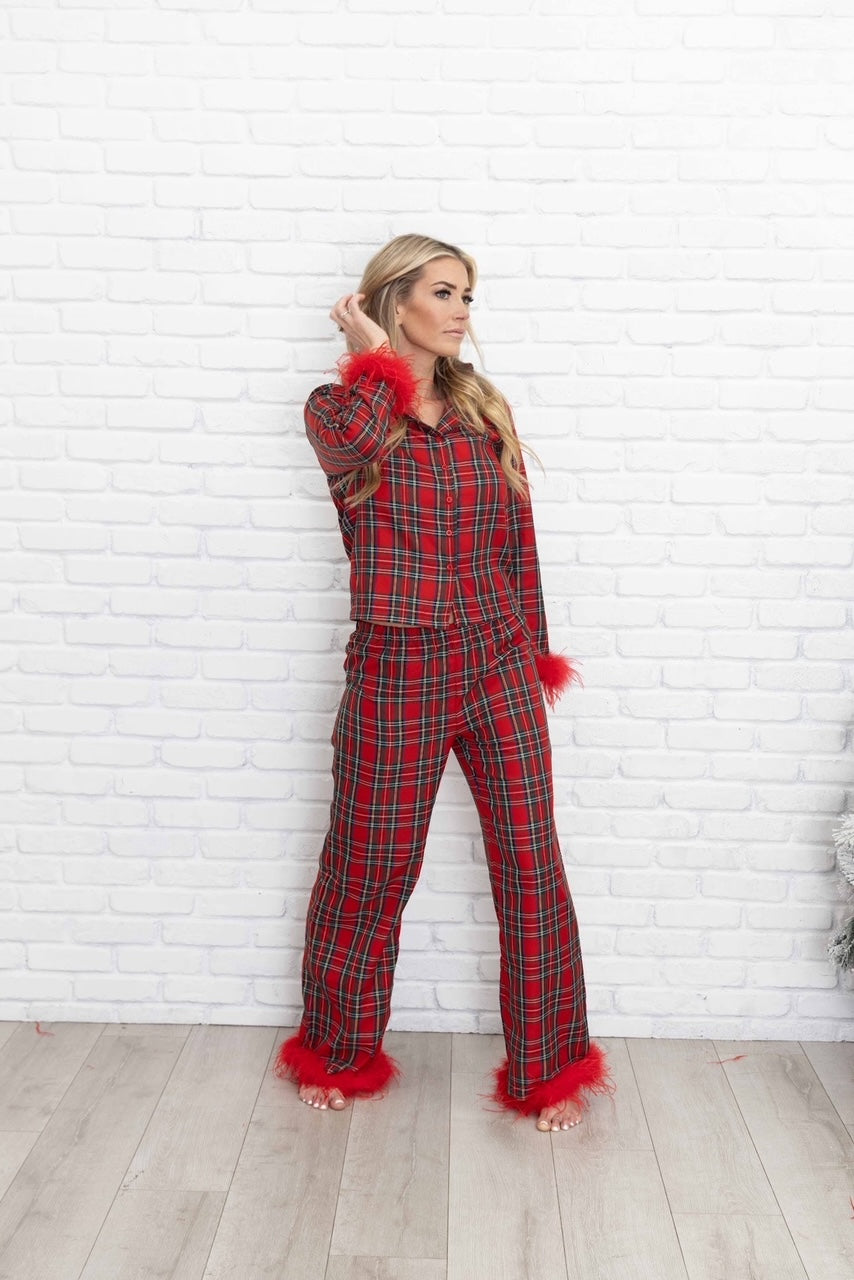 Christine Ladies Christmas Plaid Pajamas with removable Feather Trim