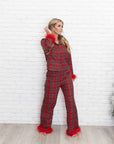 Christine Ladies Christmas Plaid Pajamas with removable Feather Trim