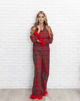 Christine Ladies Christmas Plaid Pajamas with removable Feather Trim
