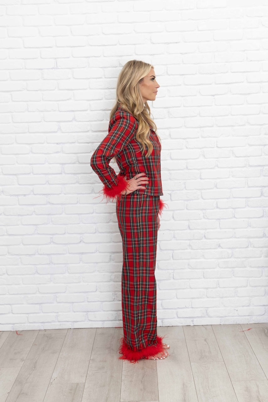Christine Ladies Christmas Plaid Pajamas with removable Feather Trim