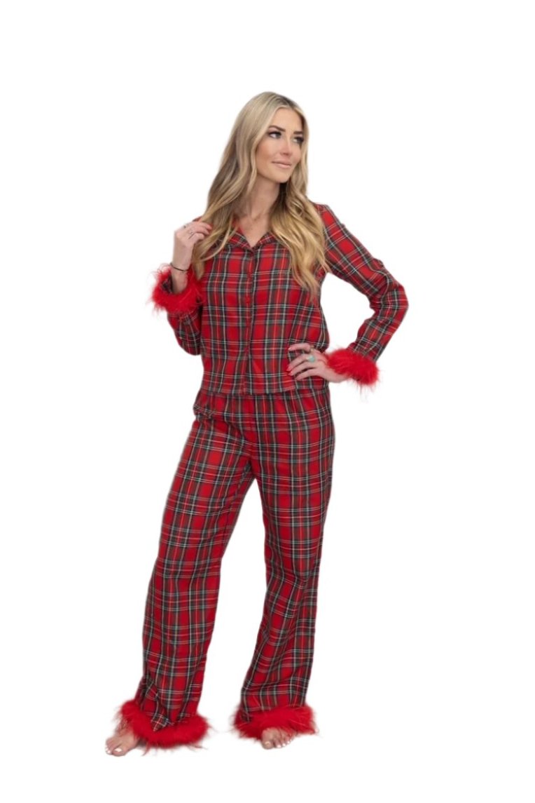 Christine Ladies Christmas Plaid Pajamas with removable Feather Trim