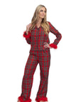Christine Ladies Christmas Plaid Pajamas with removable Feather Trim