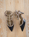 Elsa Strappy Studded Black and Taupe patent heel