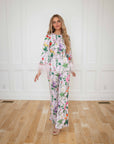 Eliana Lavender Floral Satin two-piece Pant Suit with Feather and Rhinestone Trim