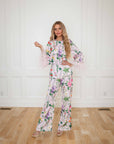 Eliana Lavender Floral Satin two-piece Pant Suit with Feather and Rhinestone Trim