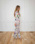 Eliana Lavender Floral Satin two-piece Pant Suit with Feather and Rhinestone Trim
