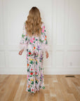 Eliana Lavender Floral Satin two-piece Pant Suit with Feather and Rhinestone Trim
