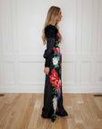 Elise Black Floral Satin Jumpsuit with Lace detail