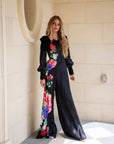 Elise Black Floral Satin Jumpsuit with Lace detail
