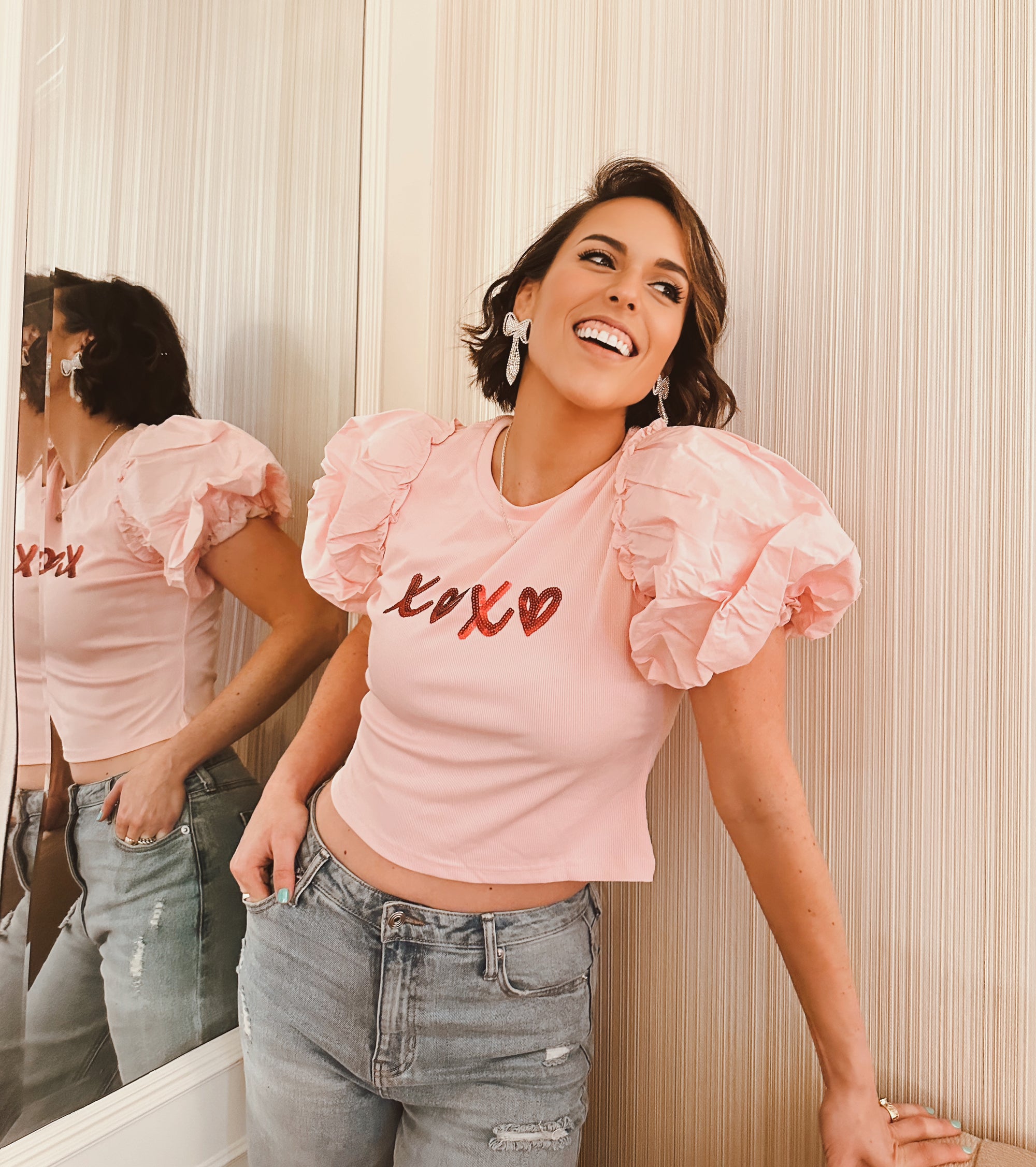 Hugs & Kisses Puff Short sleeve Pink Top