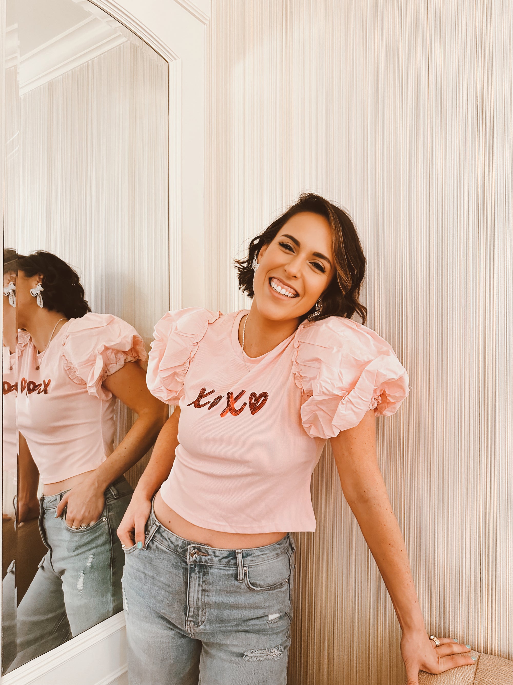 Hugs & Kisses Puff Short sleeve Pink Top