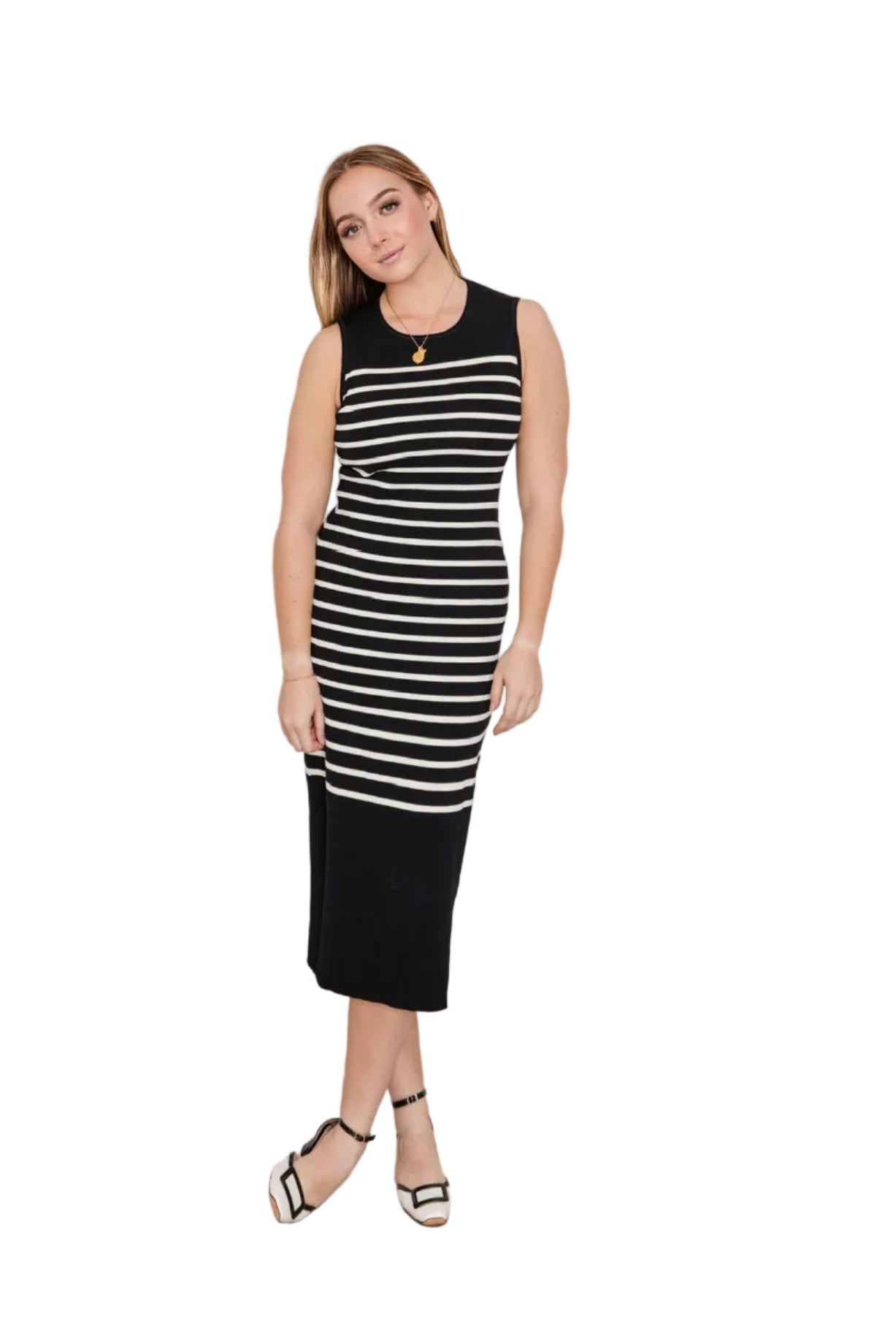 Darcy Black and Cream Striped Sleeveless Sweater Dress M