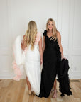 Esme White with Pink Detail Silk Chiffon One Shoulder Gown