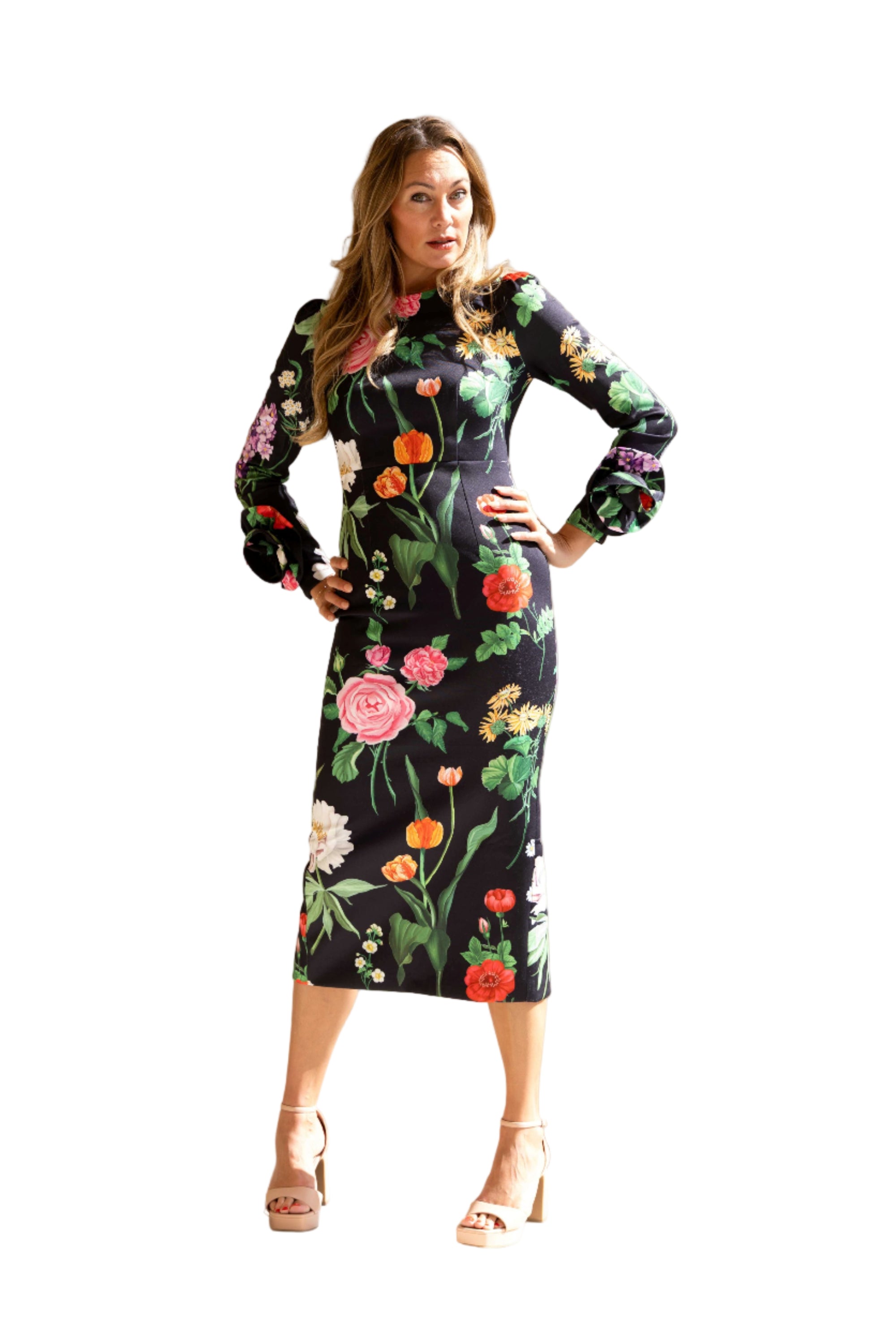 Everly Black Floral Midi bodycon dress