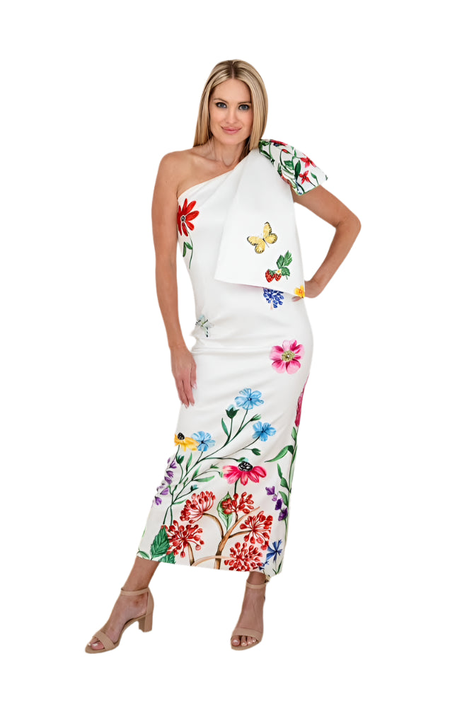 open lace back dress Dolce & Gabbana White Floral Silk One Shoulder Midi Dress