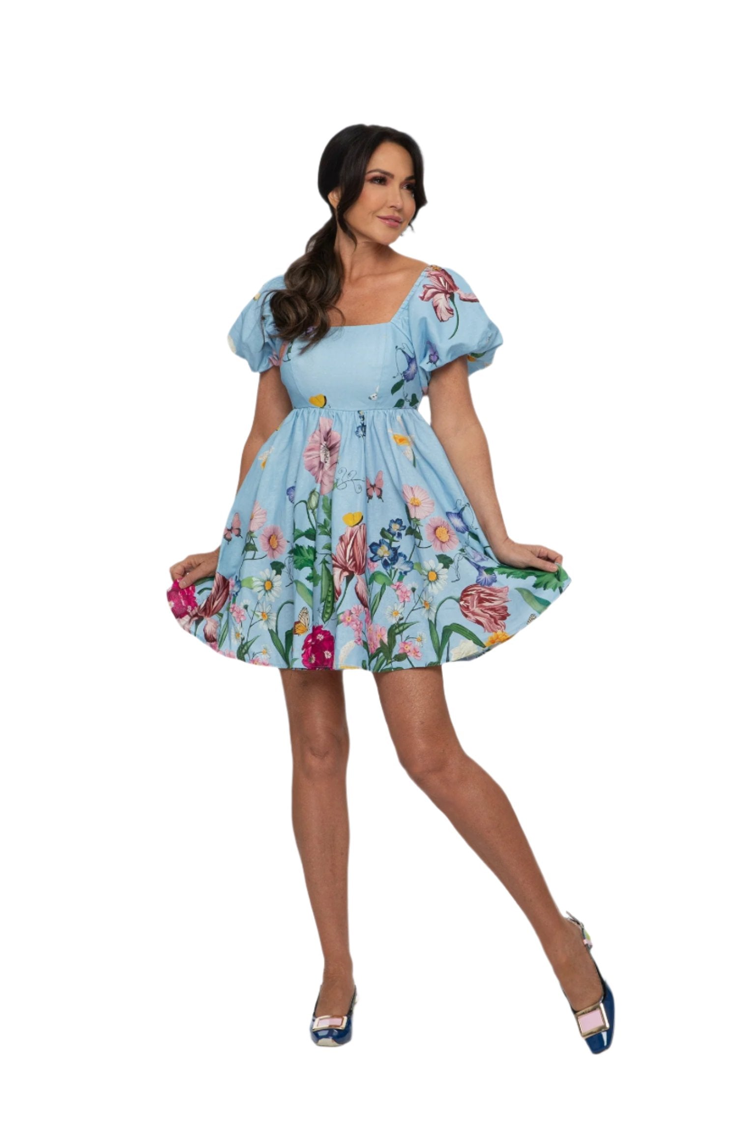 Chloe Blue Floral Babydoll Dress with Puff Sleeves L Chloe Blue Floral Babydoll Dress with Puff Sleeves L