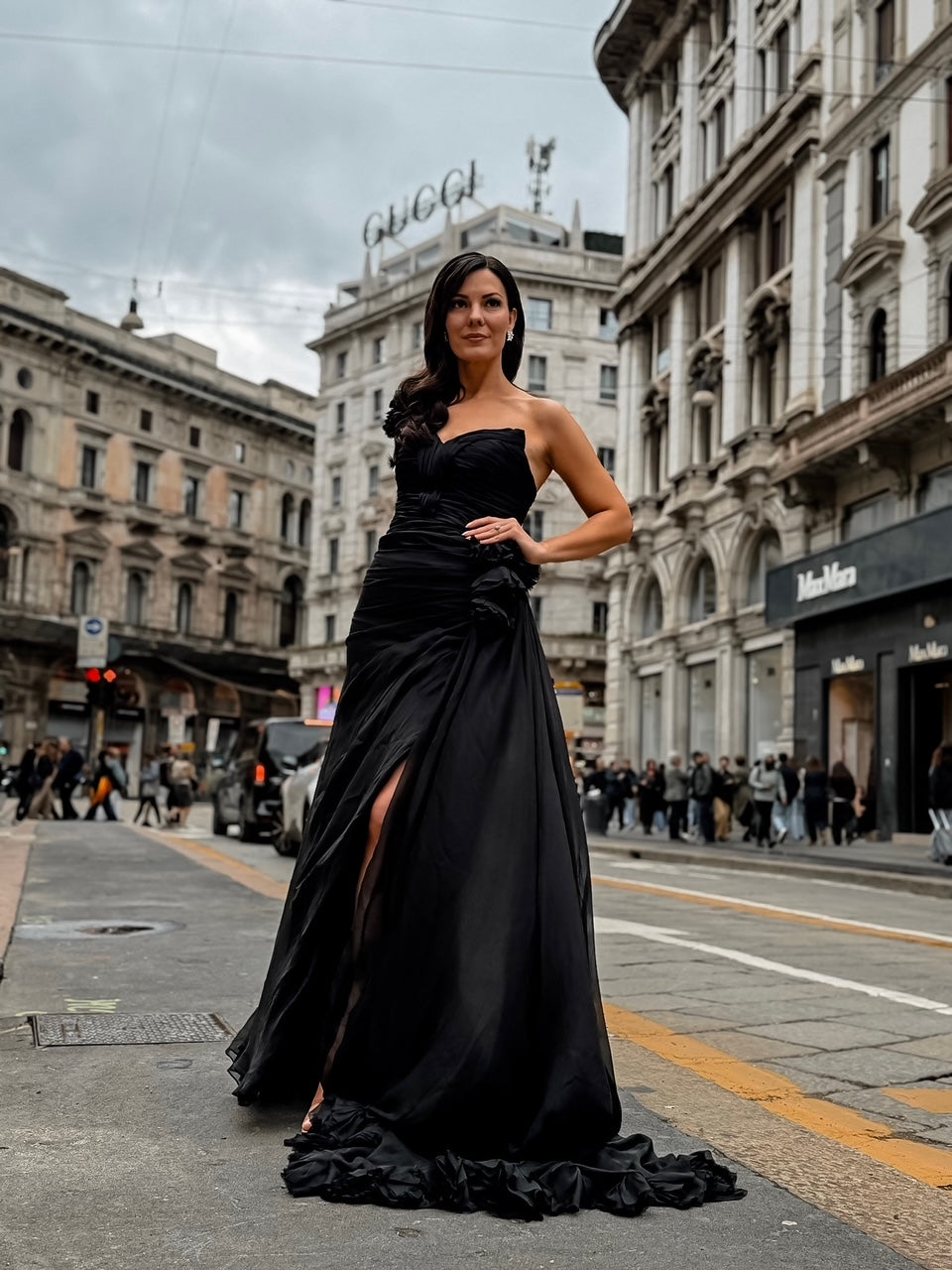 Esme Black Silk Chiffon One Shoulder Gown