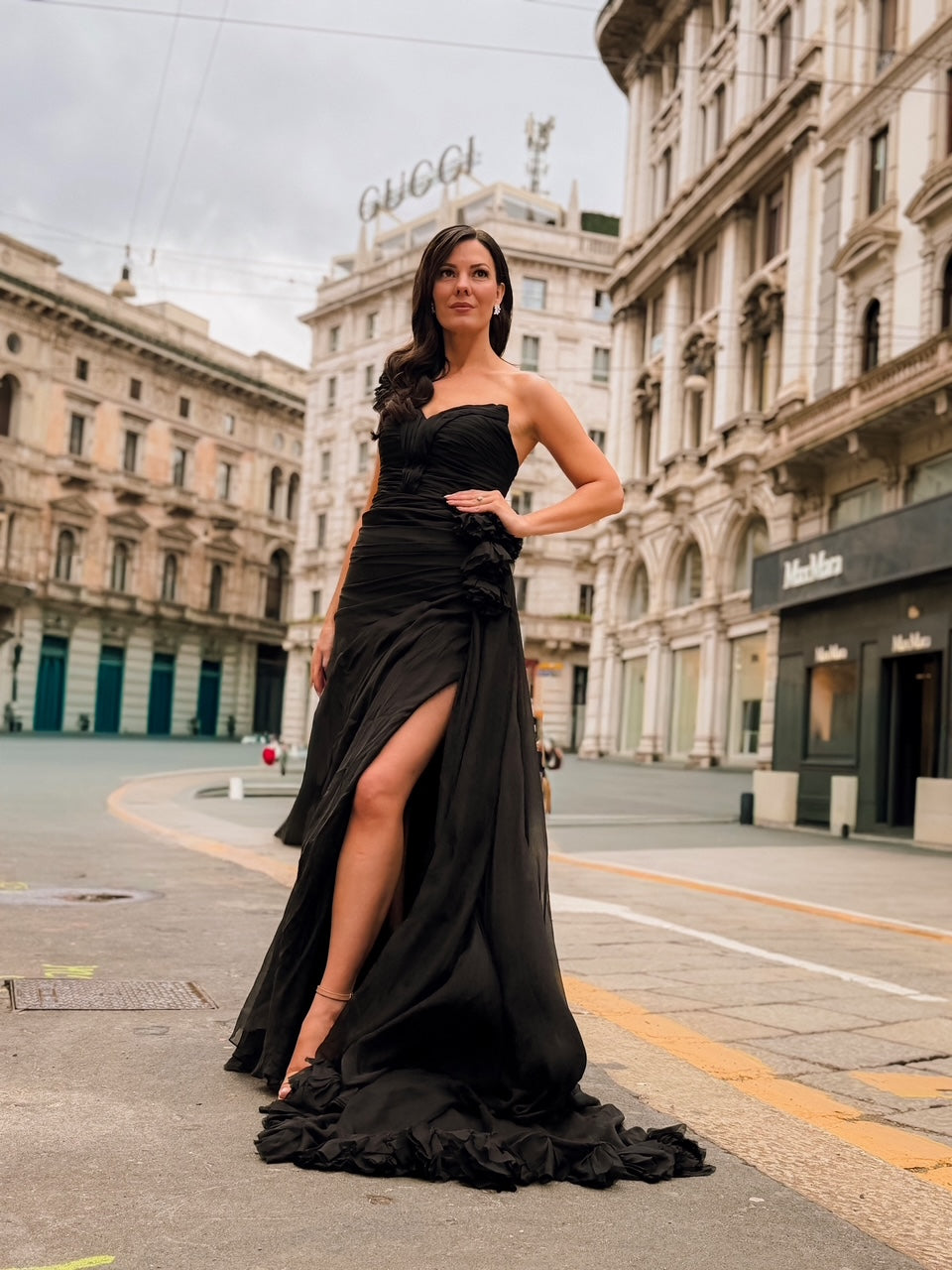 Esme Black Silk Chiffon One Shoulder Gown