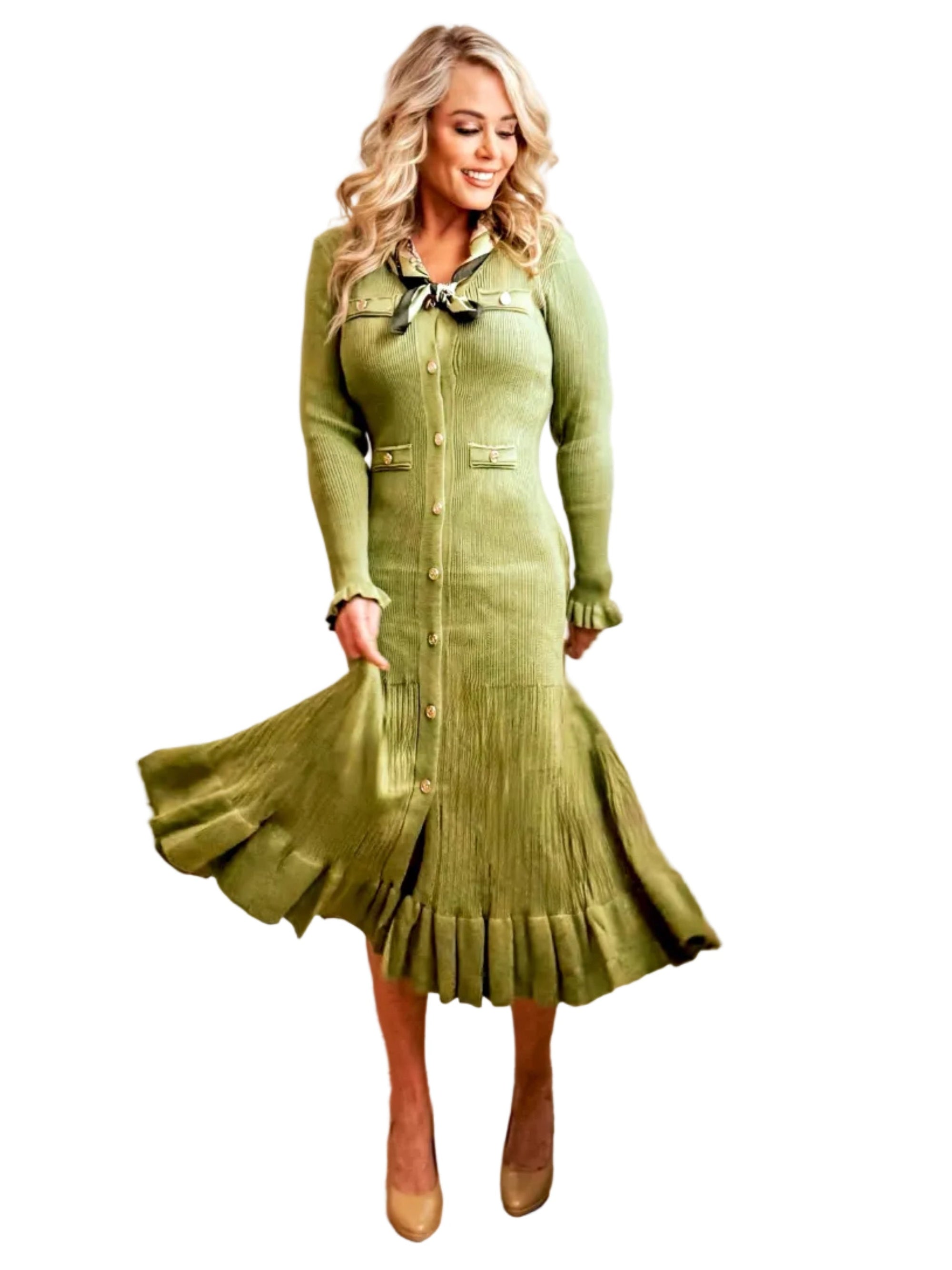sweater dress olive green Dalena Long Sleeve Olive Green Midi Sweater Dress