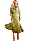 Dalena Long Sleeve Olive Green Midi Sweater Dress