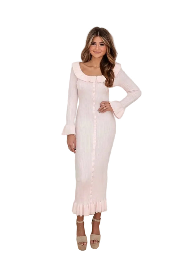 Dale Long Sleeve Powder Pink Midi Sweater Dress