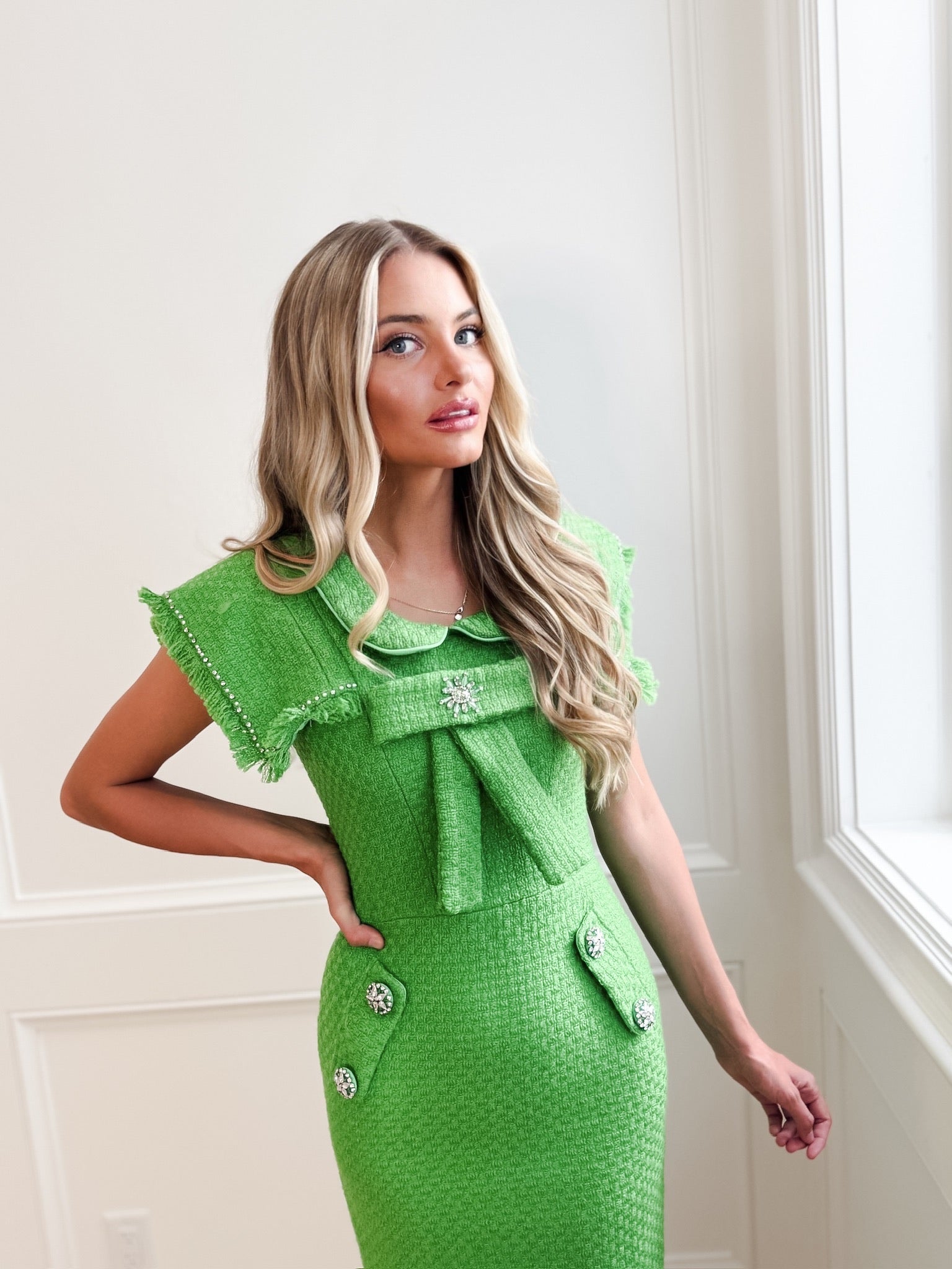 Dorrit Kelly Green Tweed Midi Dress