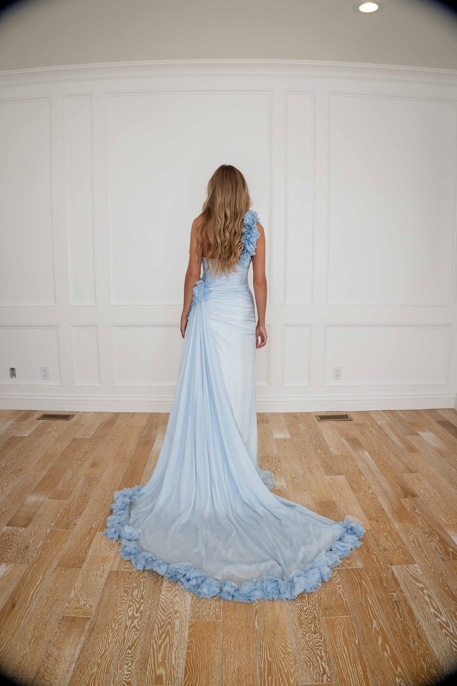 blue silk chiffon dress OFF-SHOULDER DRAPED SILKY Chiffon GOWN WITH SIDE TAIL Black / 36 / Chiffon Changert